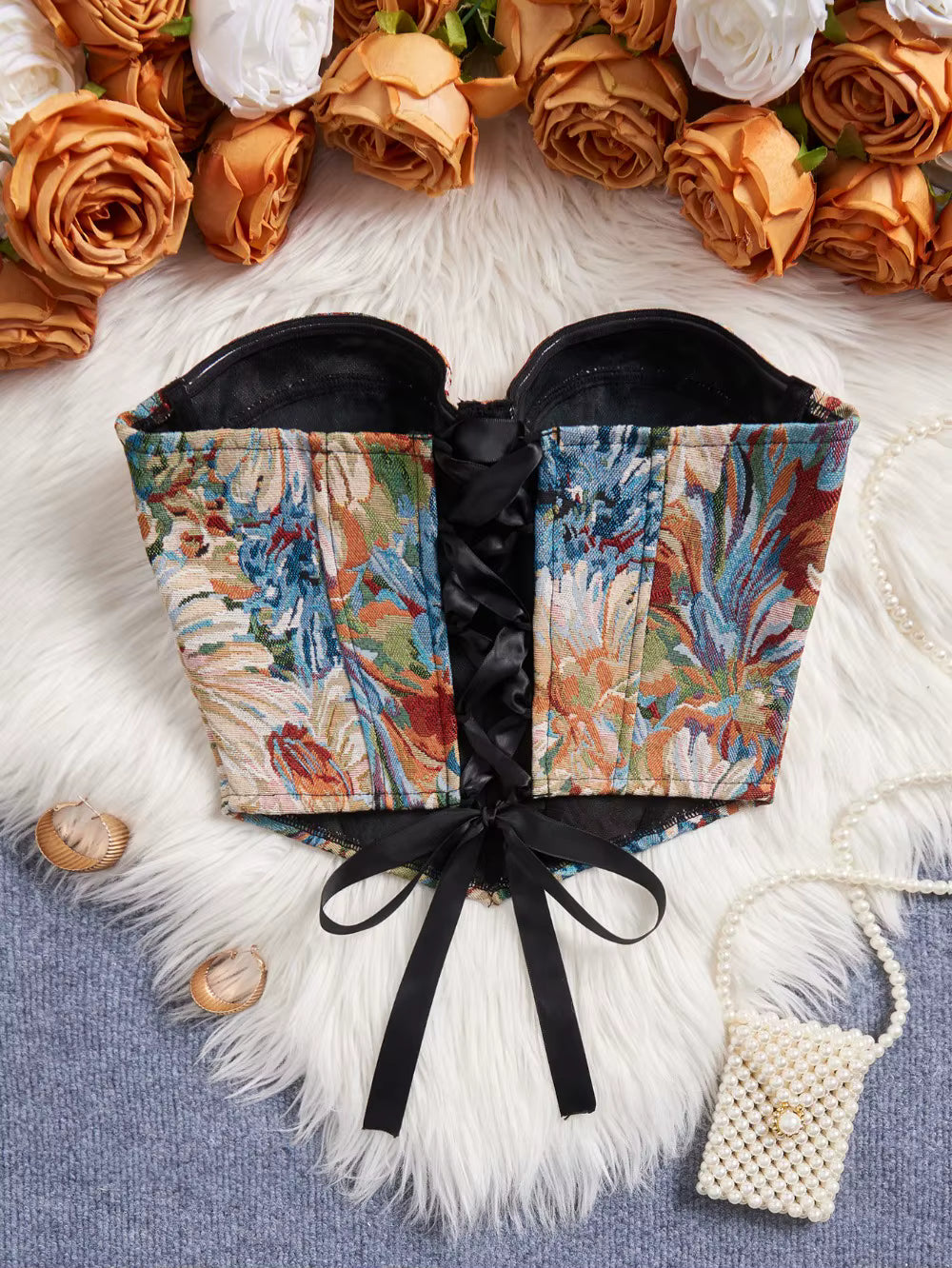 Floral Jacquard Bustier Top | Structured Sweetheart Corset Blouse