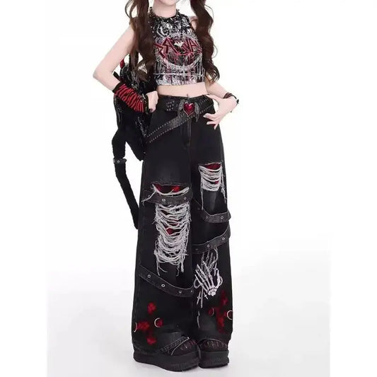 American style spicy girl loose lazy and relaxed denim pants female punk retro washed fashionable versatile casual pants JuChachaShop