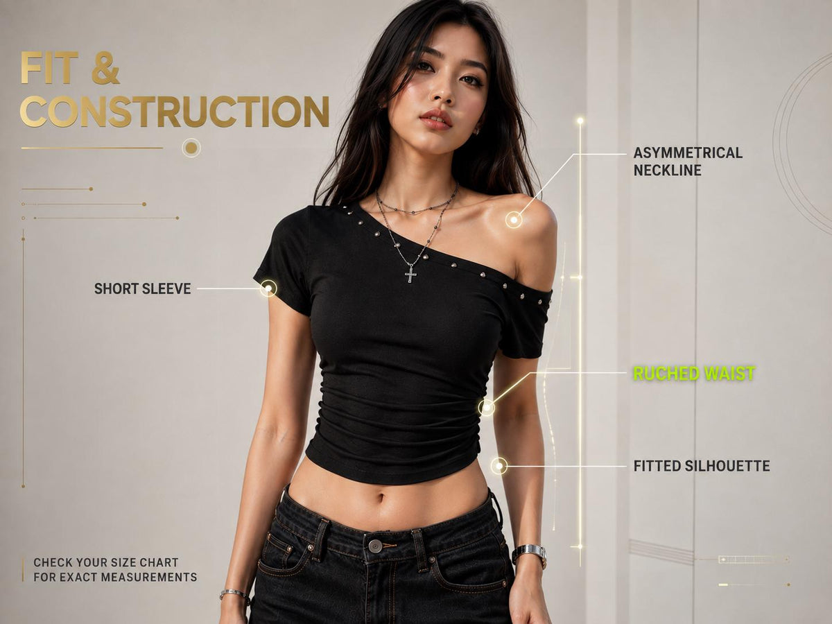 Asymmetrical Shoulder Fitted Top, Ruched Stud Detail Tee, Y2K Streetwear Shirt