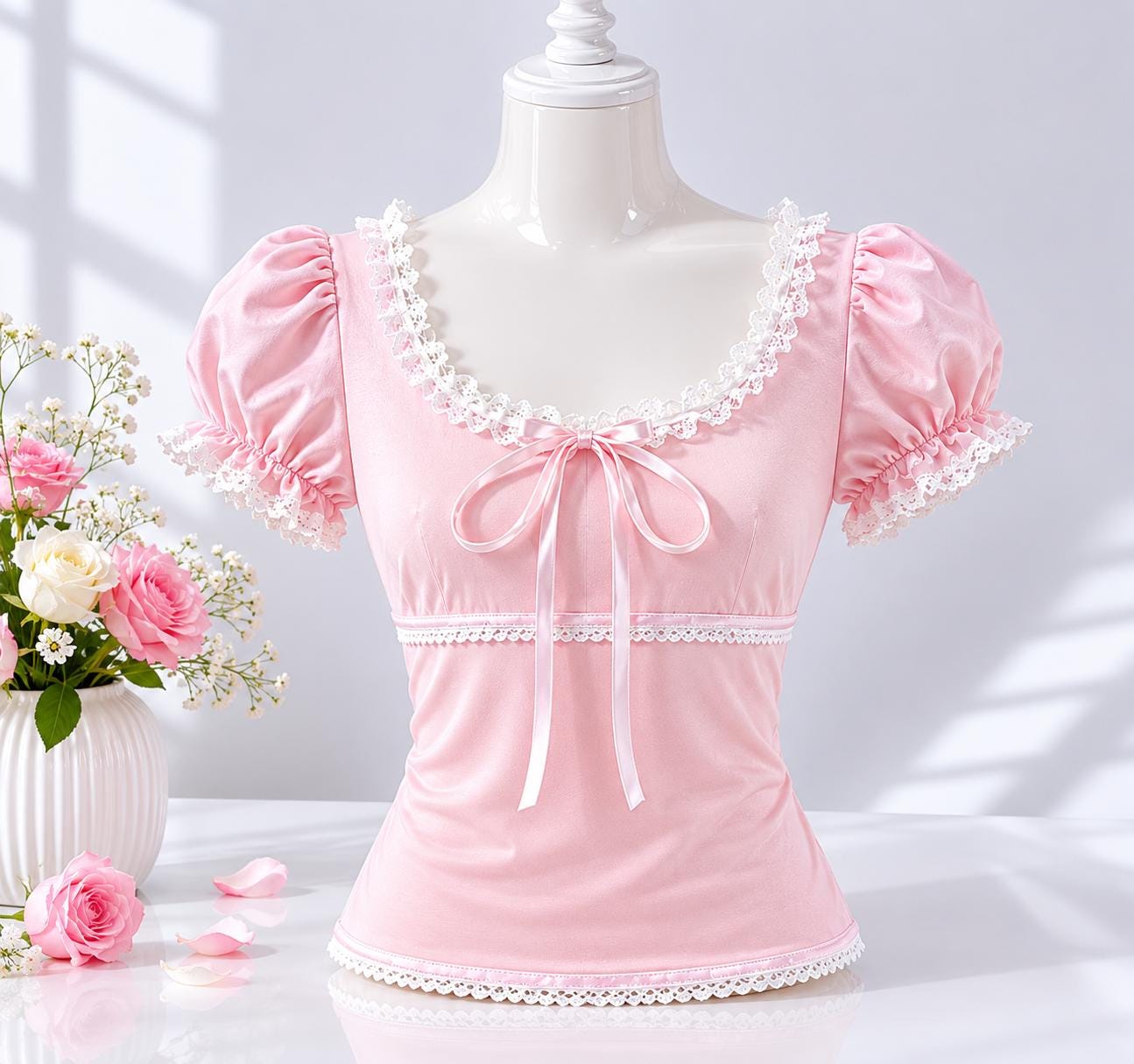 Coquette Lace Trim Puff Sleeve Top: Soft Girl Balletcore Pink Shirt