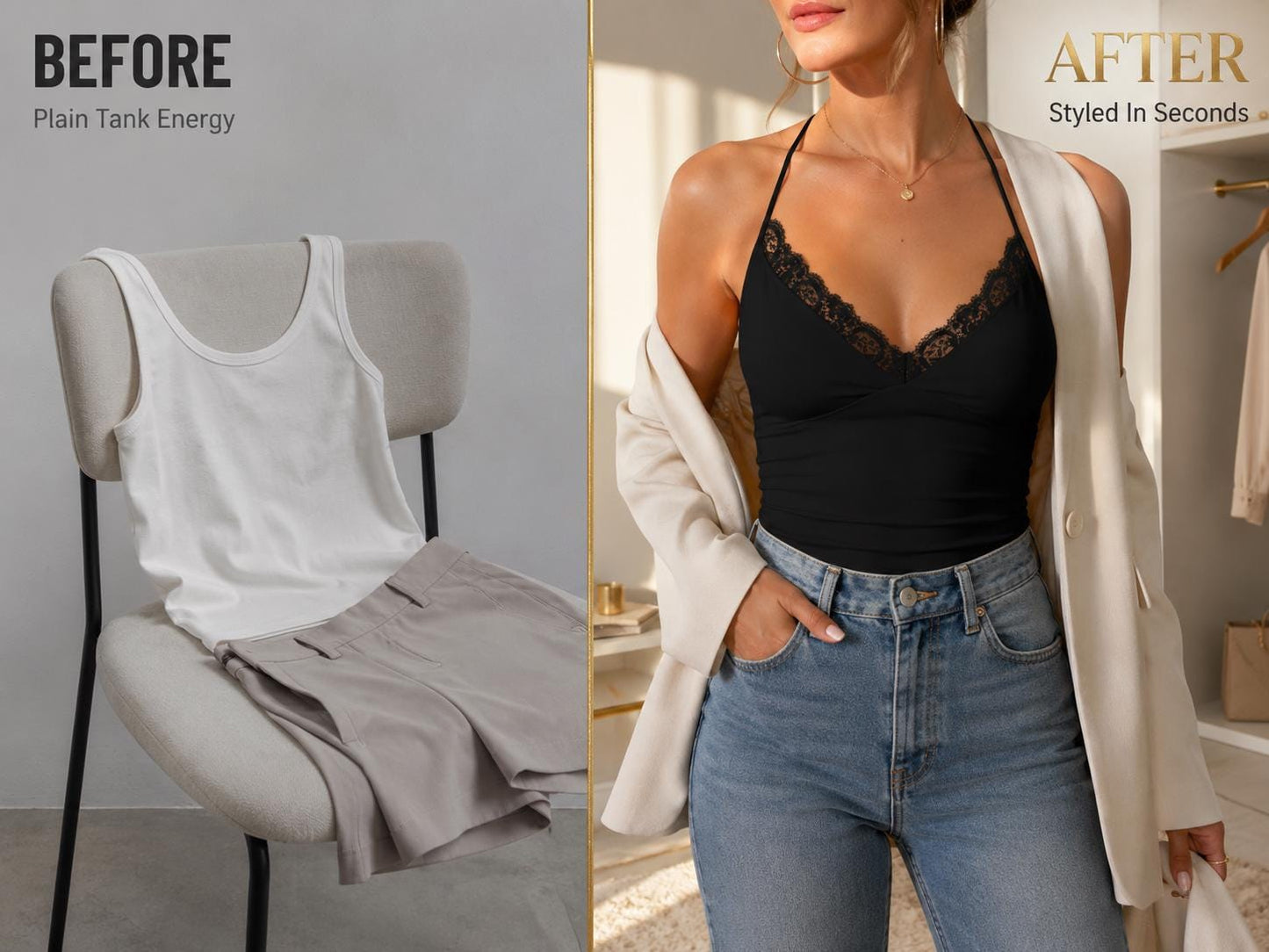 Lace Trim V-Neck Cami Top | Fitted Feminine Blouse, Thin Strap Layer