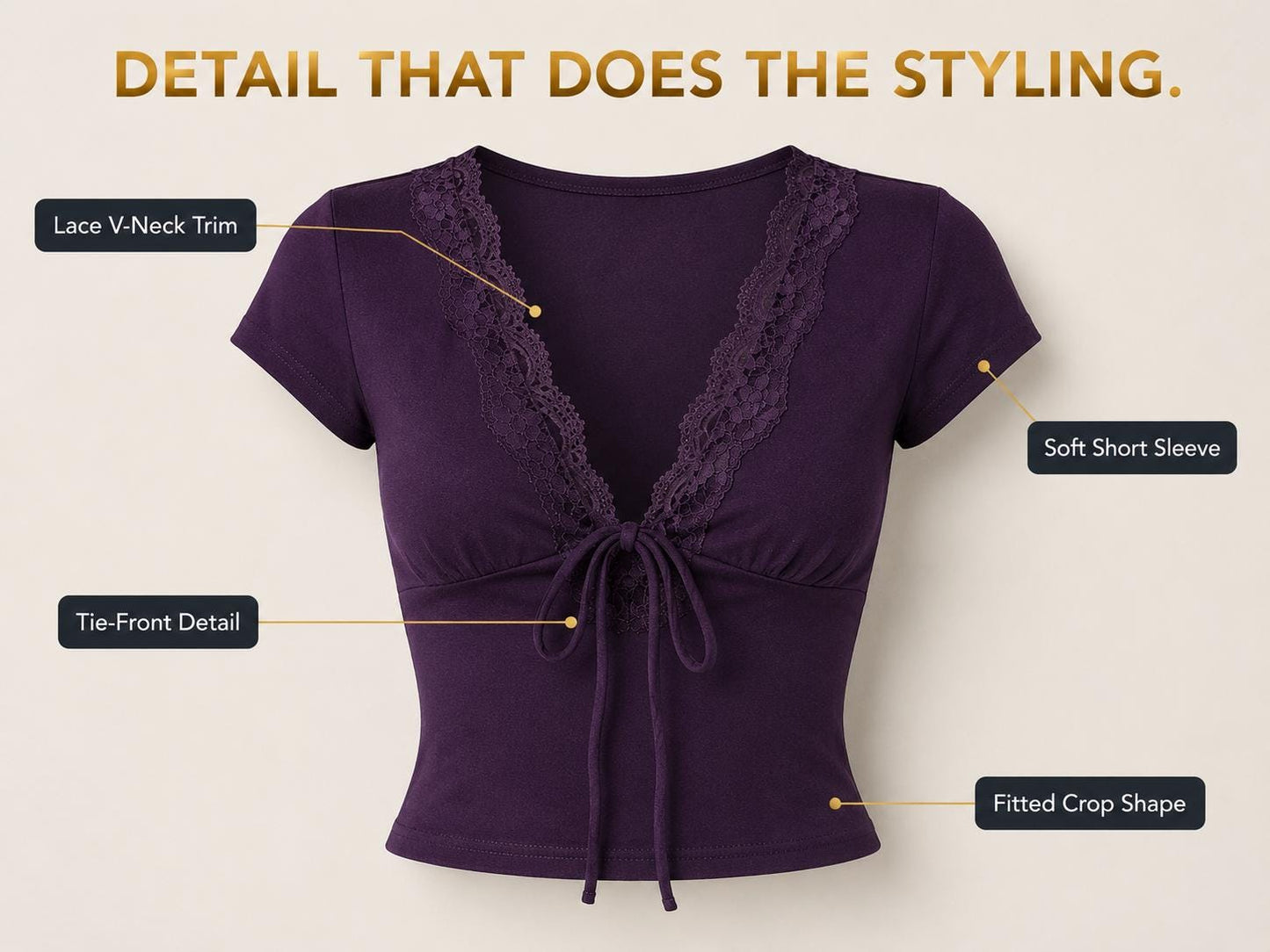 Purple Lace V-Neck Crop Top | Tie Front Short Sleeve Fairycore Blouse