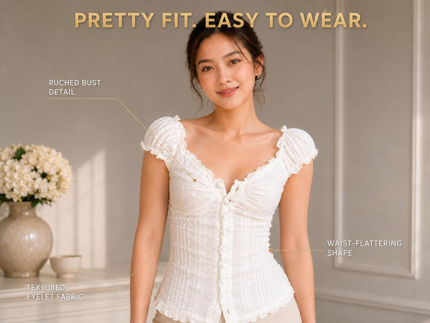 Milkmaid Eyelet Lace Blouse, Fitted Button Front Puff Sleeve Top