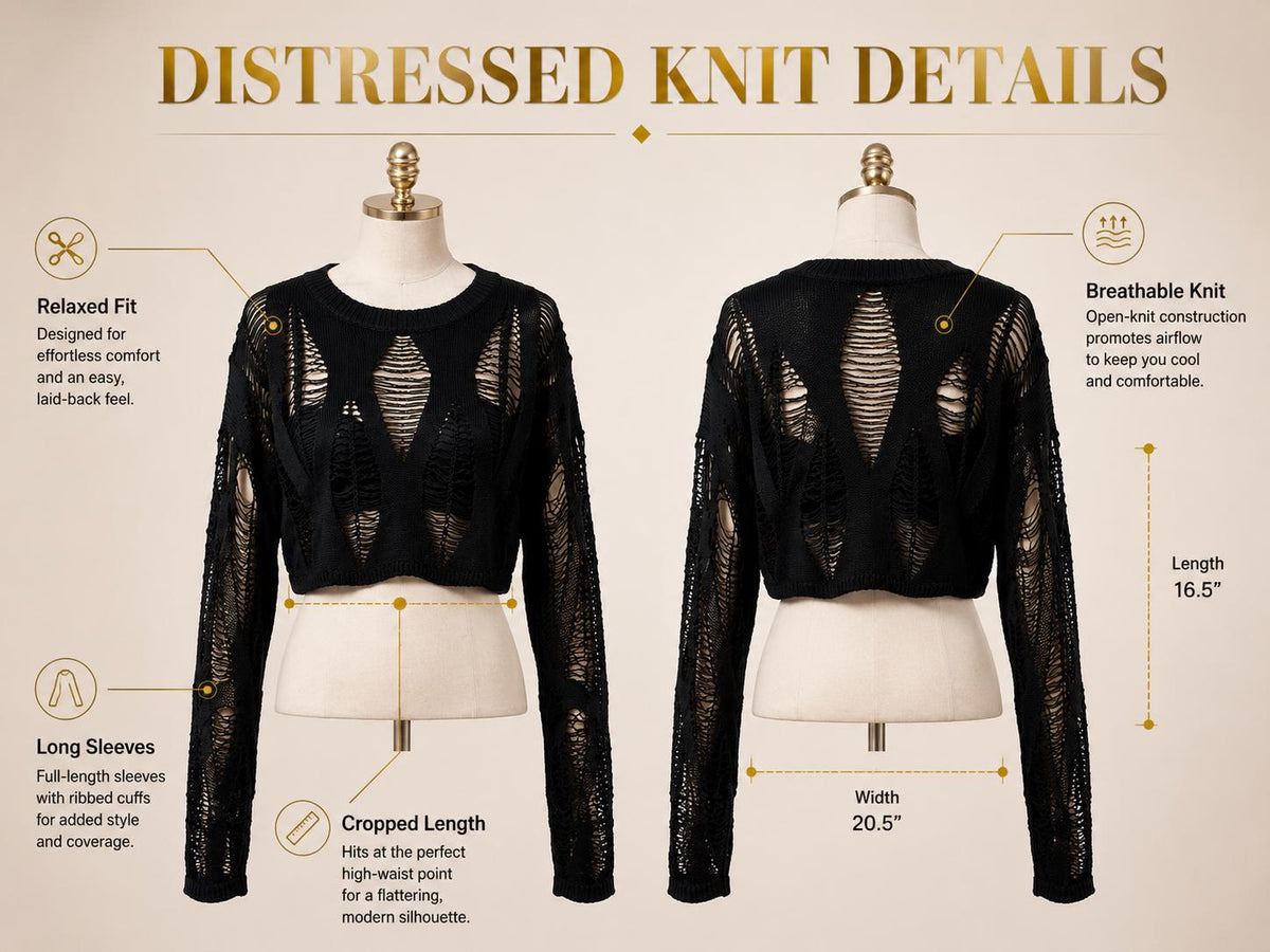 Black Distressed Knit Crop Sweater: Y2K Gothic Hollow Out Pullover Alternative Streetwear