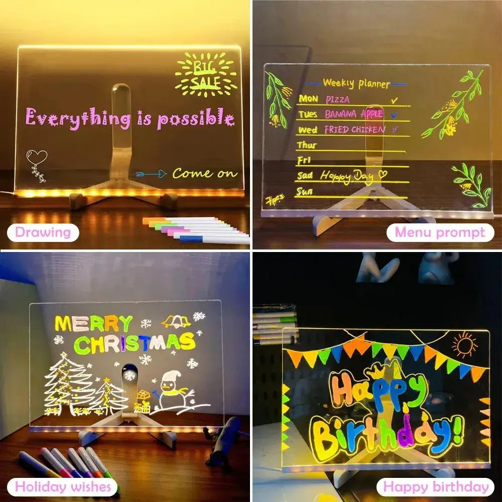 LED Message Board for Kids – Reusable Acrylic Drawing Board with LED Light & 7 Color Pens Potaha