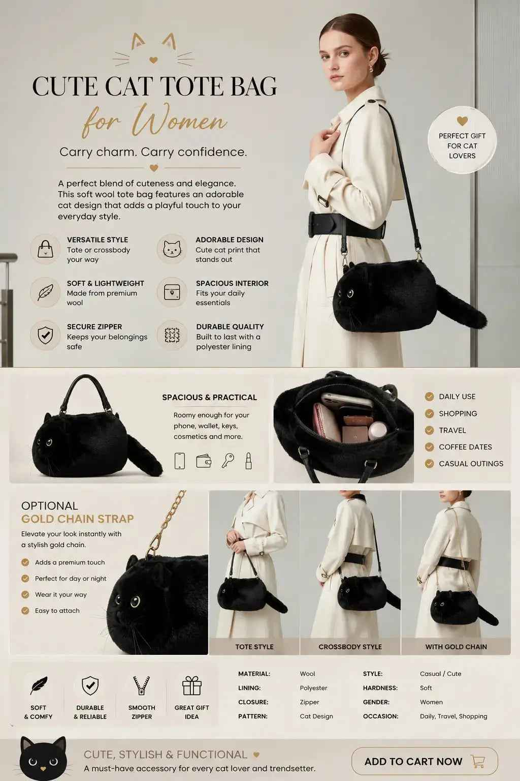 Luxury Women Cat Handbag – Stylish Tote & Crossbody Bag for the Fashion-Forward