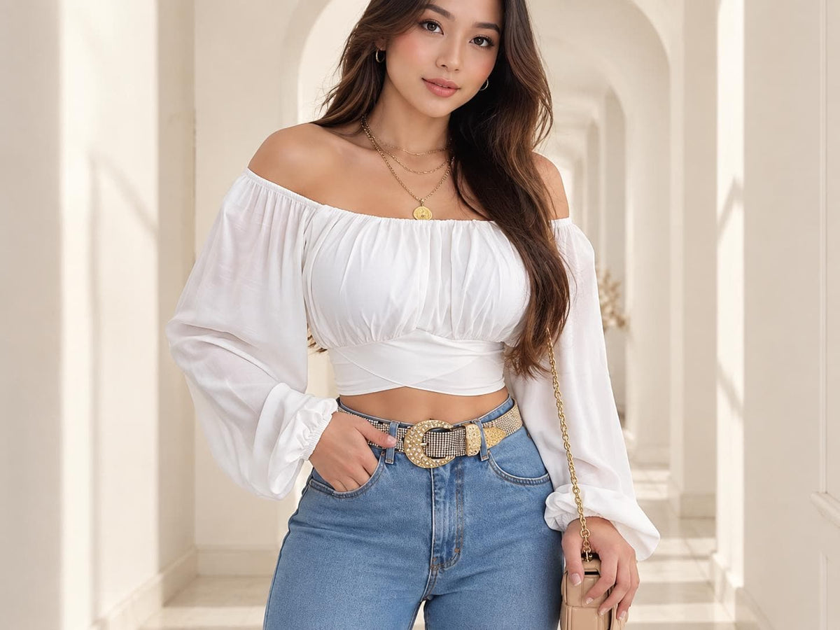 Off Shoulder Puff Sleeve Crop Top | Romantic Lace-Up Bow Blouse