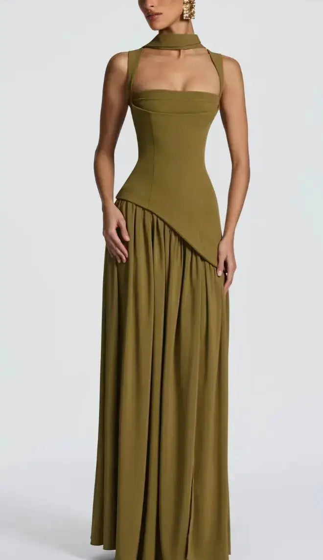 Wedding Guest Maxi Dress – Elegant Sleeveless Maxi Dress with Scarf JuChachaShop