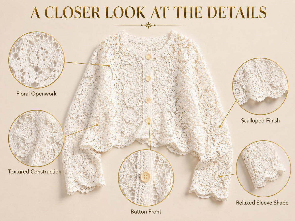 White Lace Shrug Cardigan | Bohemian Crochet Openwork Top, Scalloped Edges