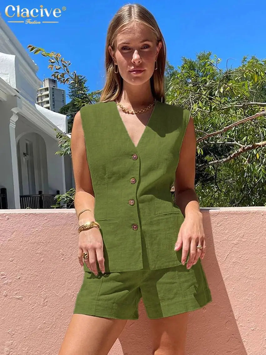 Women Linen Shorts Set – Sleeveless Tank Top & High Waist Shorts JuChachaShop