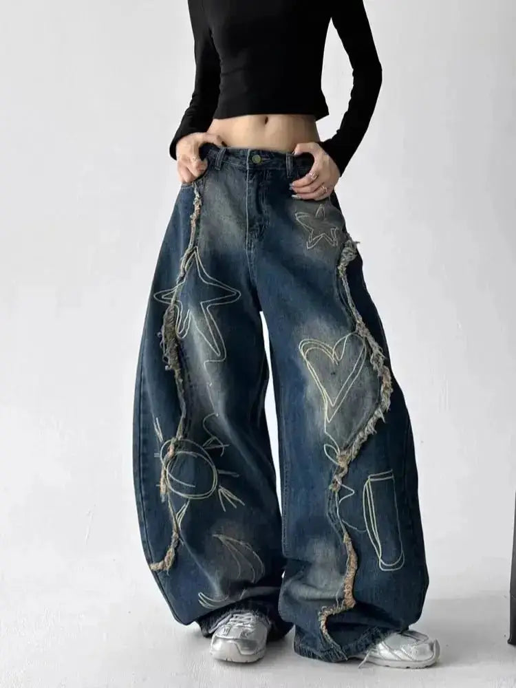 Women's Star Embroidered Wide Leg Jeans | Casual Streetwear Denim JuChachaShop