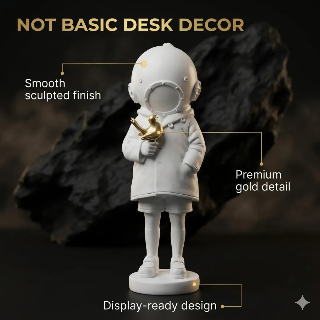 Astronaut Child Figurine with Golden Octopus Sculpture – Modern Space Art Decor Jumartins