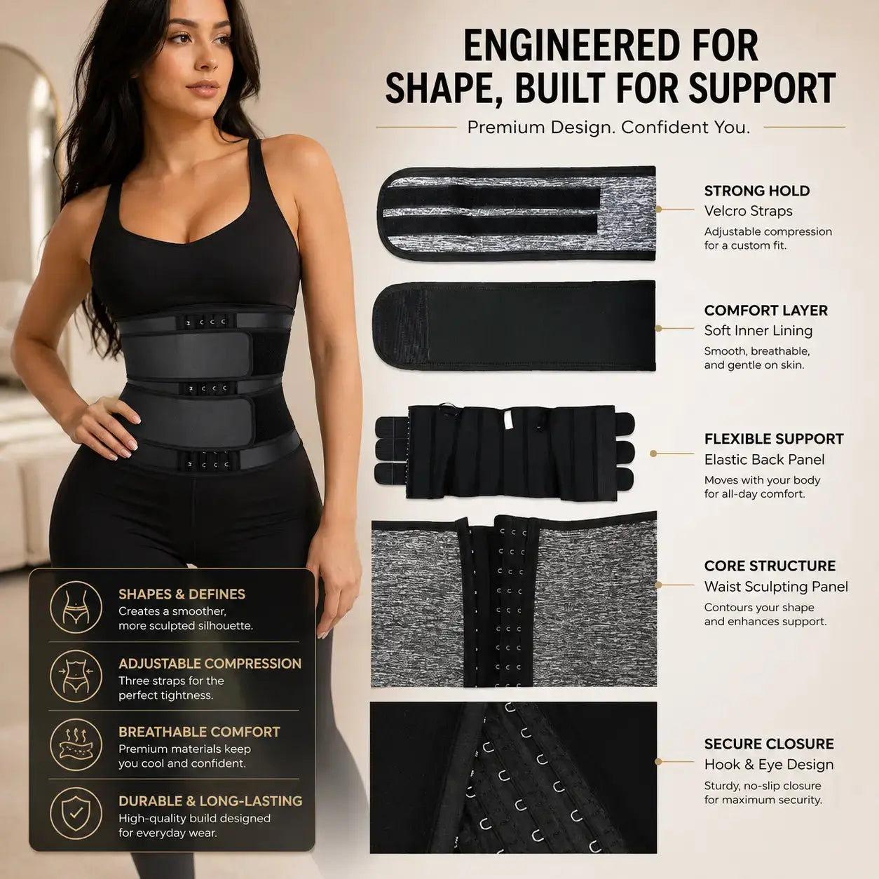 Women Waist Trainer Belt | Adjustable Hook Closure Waist Support | Black Compression Wrap for Workout Layering Jumartins