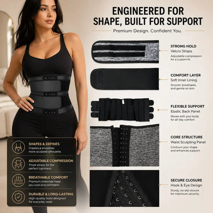 Women Waist Trainer Belt | Adjustable Hook Closure Waist Support | Black Compression Wrap for Workout Layering Jumartins