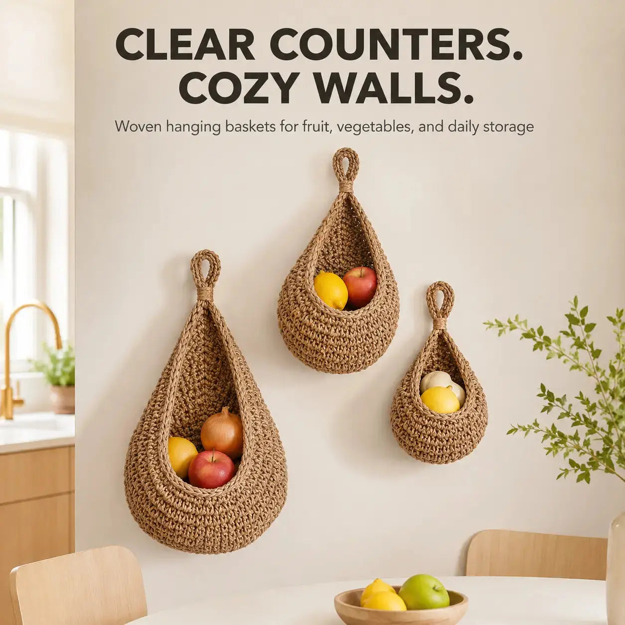 Wall Hanging Basket Set | Woven Fruit Storage | Kitchen Organizer Hooks | Pantry Dining Room Decor Jumartins