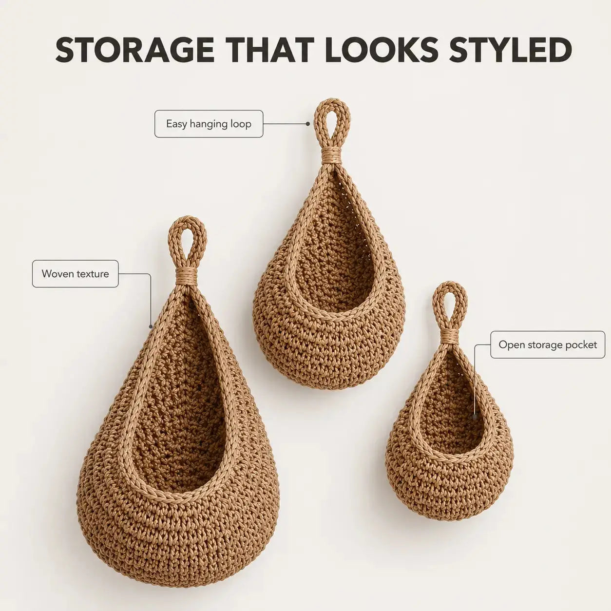 Wall Hanging Basket Set | Woven Fruit Storage | Kitchen Organizer Hooks | Pantry Dining Room Decor Jumartins