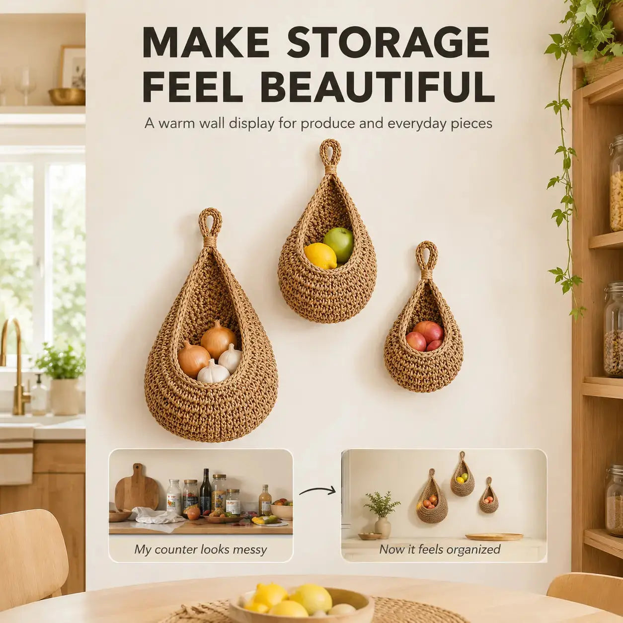 Wall Hanging Basket Set | Woven Fruit Storage | Kitchen Organizer Hooks | Pantry Dining Room Decor Jumartins
