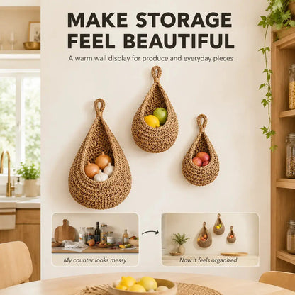Wall Hanging Basket Set | Woven Fruit Storage | Kitchen Organizer Hooks | Pantry Dining Room Decor Jumartins