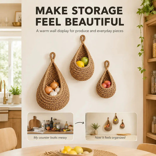 Wall Hanging Basket Set | Woven Fruit Storage | Kitchen Organizer Hooks | Pantry Dining Room Decor Jumartins