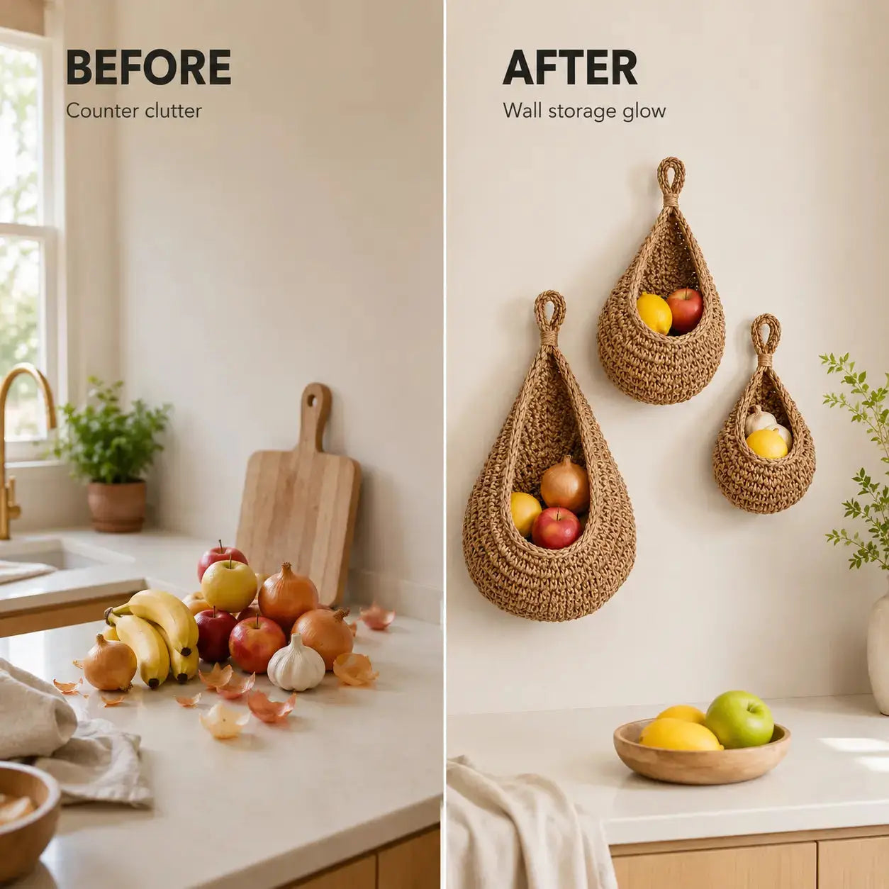 Wall Hanging Basket Set | Woven Fruit Storage | Kitchen Organizer Hooks | Pantry Dining Room Decor Jumartins
