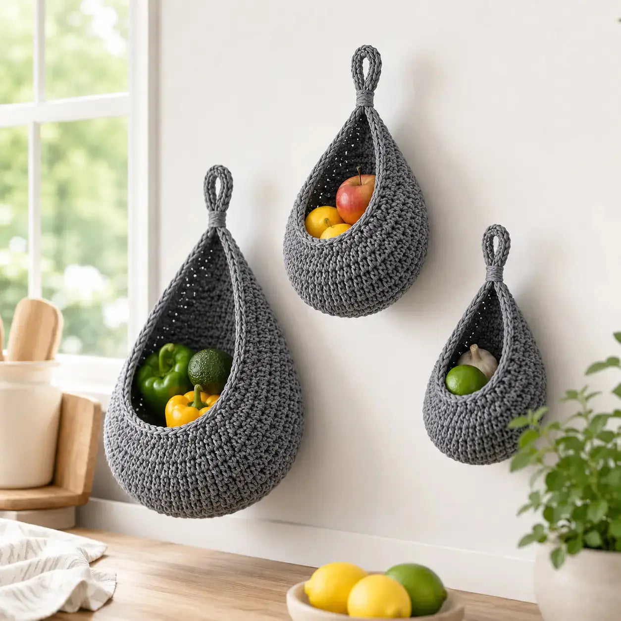 Wall Hanging Basket Set | Woven Fruit Storage | Kitchen Organizer Hooks | Pantry Dining Room Decor Jumartins