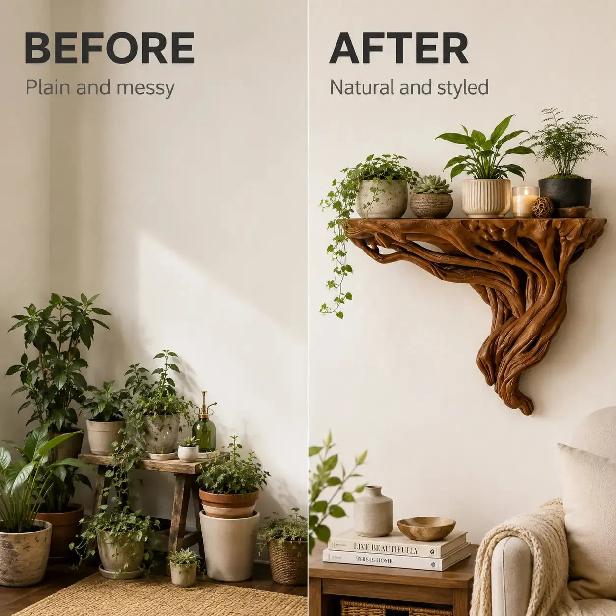Tree Root Wall Shelf | Rustic Plant Display Rack | Boho Wall Mounted Storage Shelf | Corner Decor Organizer Jumartins