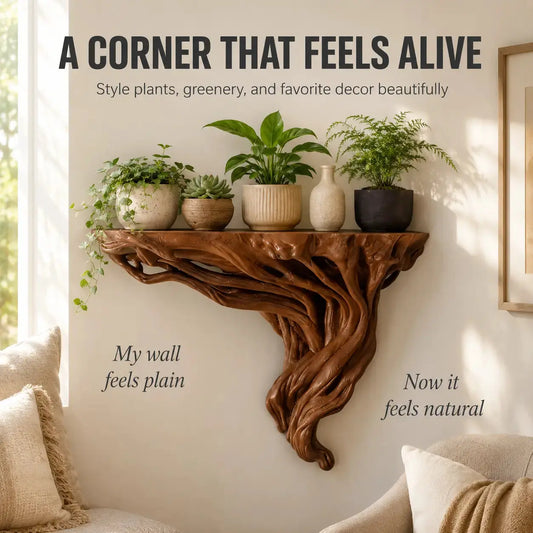 Tree Root Wall Shelf | Rustic Plant Display Rack | Boho Wall Mounted Storage Shelf | Corner Decor Organizer Jumartins