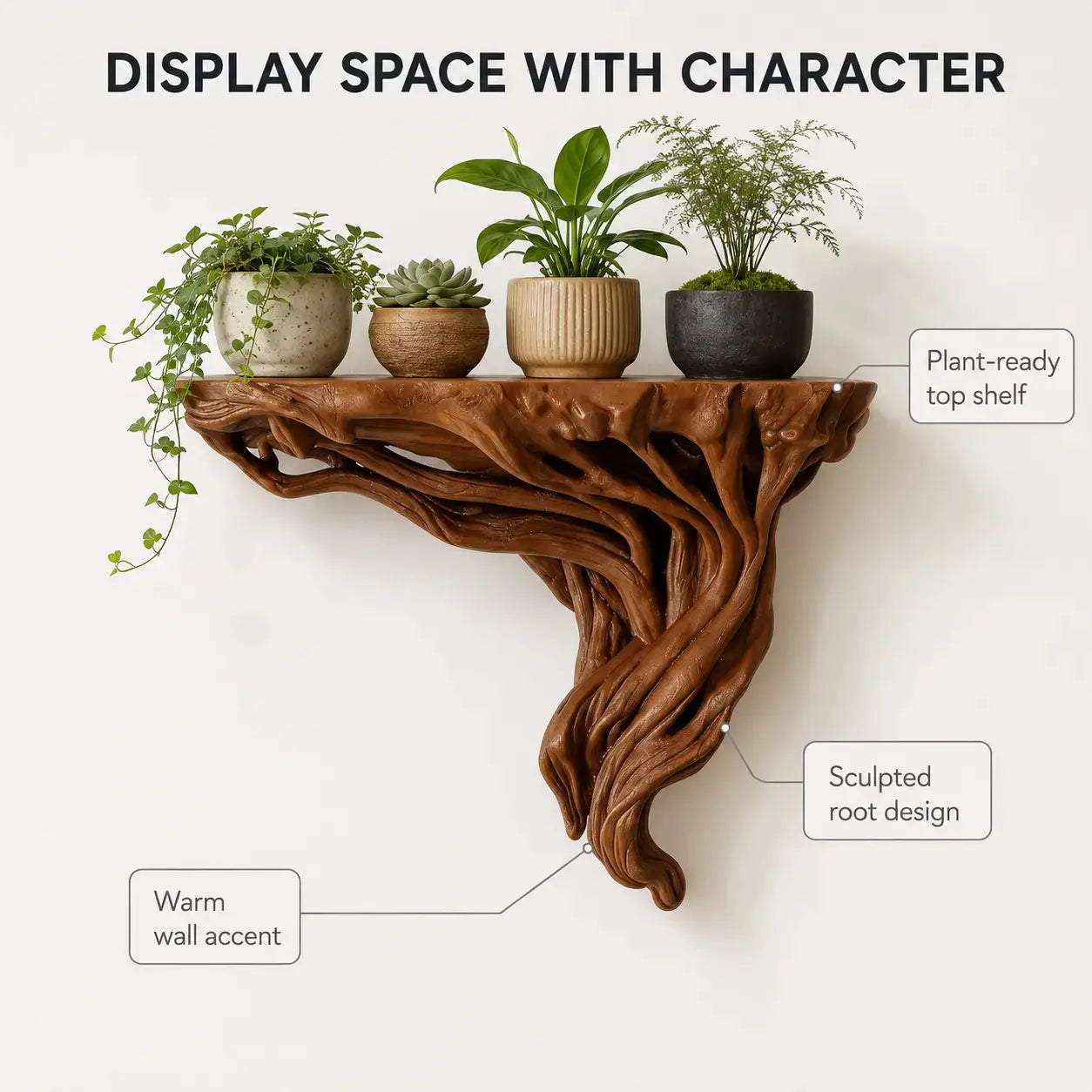 Tree Root Wall Shelf | Rustic Plant Display Rack | Boho Wall Mounted Storage Shelf | Corner Decor Organizer Jumartins