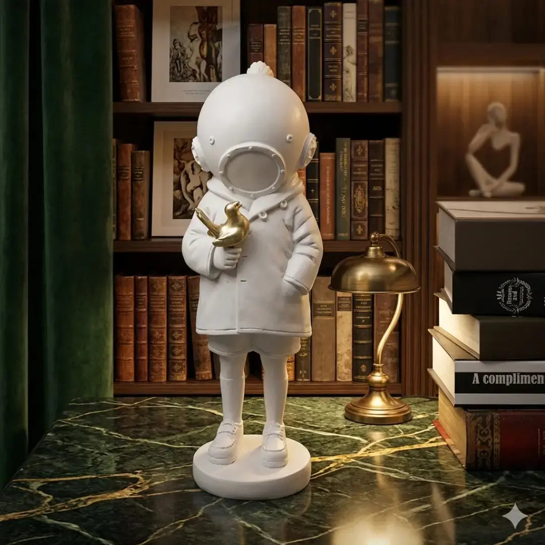 Astronaut Child Figurine with Golden Octopus Sculpture – Modern Space Art Decor Jumartins