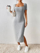 Summer Square Neck, Hip-Hugging Mid-Length Skirt, Short-Sleeved, Versatile Knitted Slit Dress JuChachaShop
