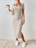 Summer Square Neck, Hip-Hugging Mid-Length Skirt, Short-Sleeved, Versatile Knitted Slit Dress JuChachaShop