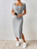 Summer Square Neck, Hip-Hugging Mid-Length Skirt, Short-Sleeved, Versatile Knitted Slit Dress JuChachaShop
