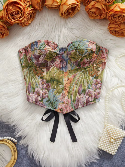 Floral Jacquard Bustier Top | Structured Sweetheart Corset Blouse