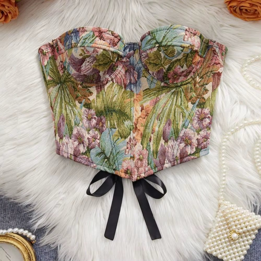 Floral Jacquard Bustier Top | Structured Sweetheart Corset Blouse