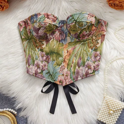 Floral Jacquard Bustier Top | Structured Sweetheart Corset Blouse