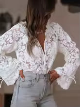 Floral Lace Blouse | V Neck Button Front, Flare Sleeve Shirt