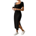 Summer Square Neck, Hip-Hugging Mid-Length Skirt, Short-Sleeved, Versatile Knitted Slit Dress JuChachaShop