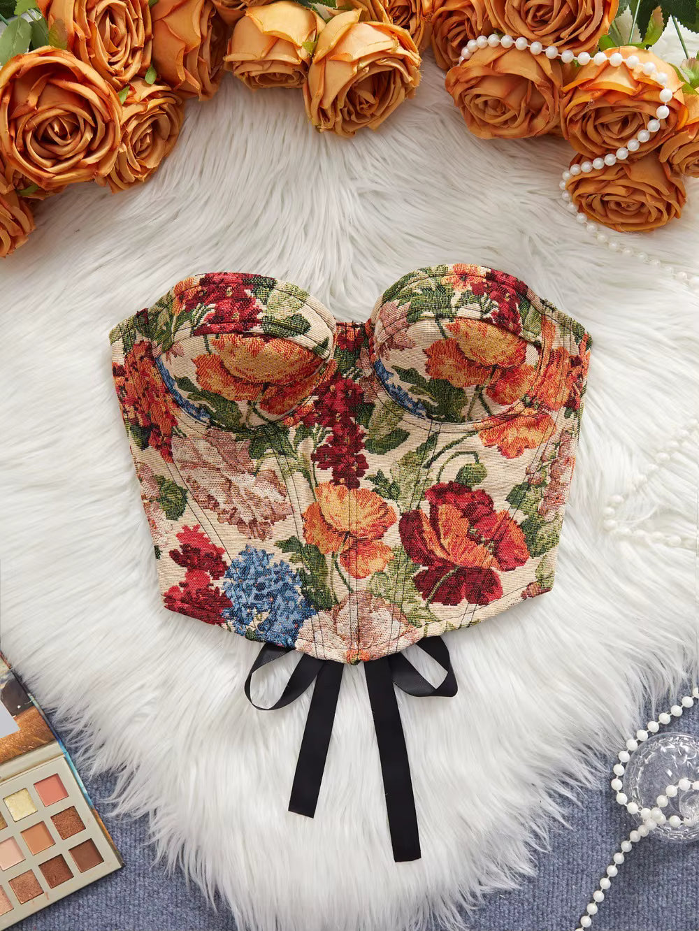 Floral Jacquard Bustier Top | Structured Sweetheart Corset Blouse