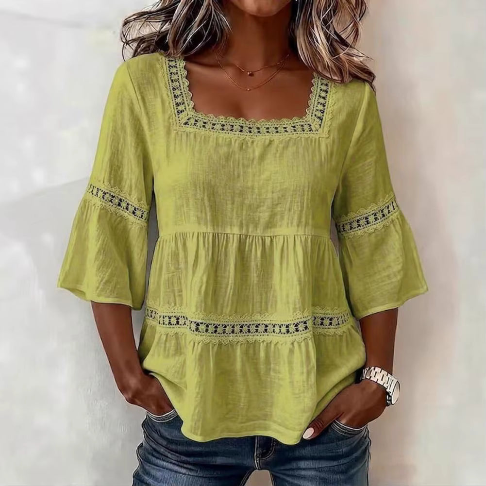 Women's Embroidered Lace Blouse | V-Neck Flare Sleeve Top
