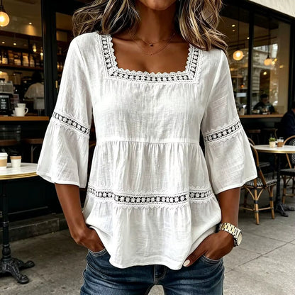 Women's Embroidered Lace Blouse | V-Neck Flare Sleeve Top
