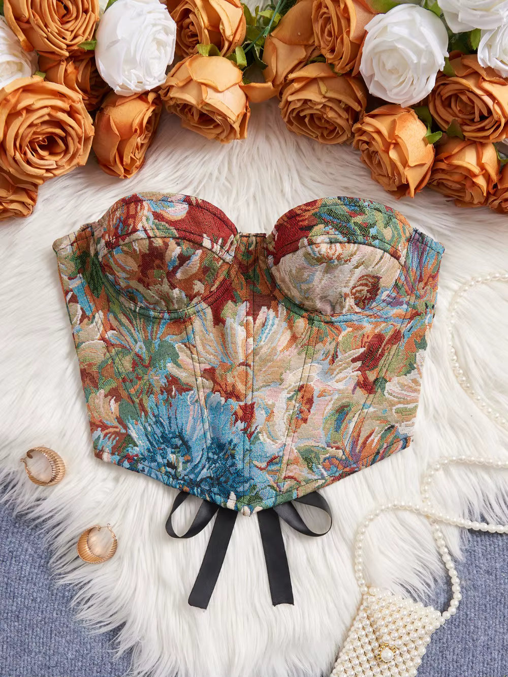 Floral Jacquard Bustier Top | Structured Sweetheart Corset Blouse