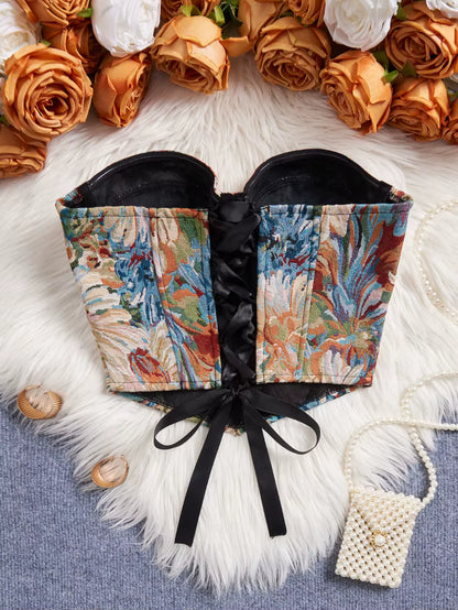 Floral Jacquard Bustier Top | Structured Sweetheart Corset Blouse