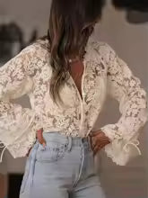 Floral Lace Blouse | V Neck Button Front, Flare Sleeve Shirt