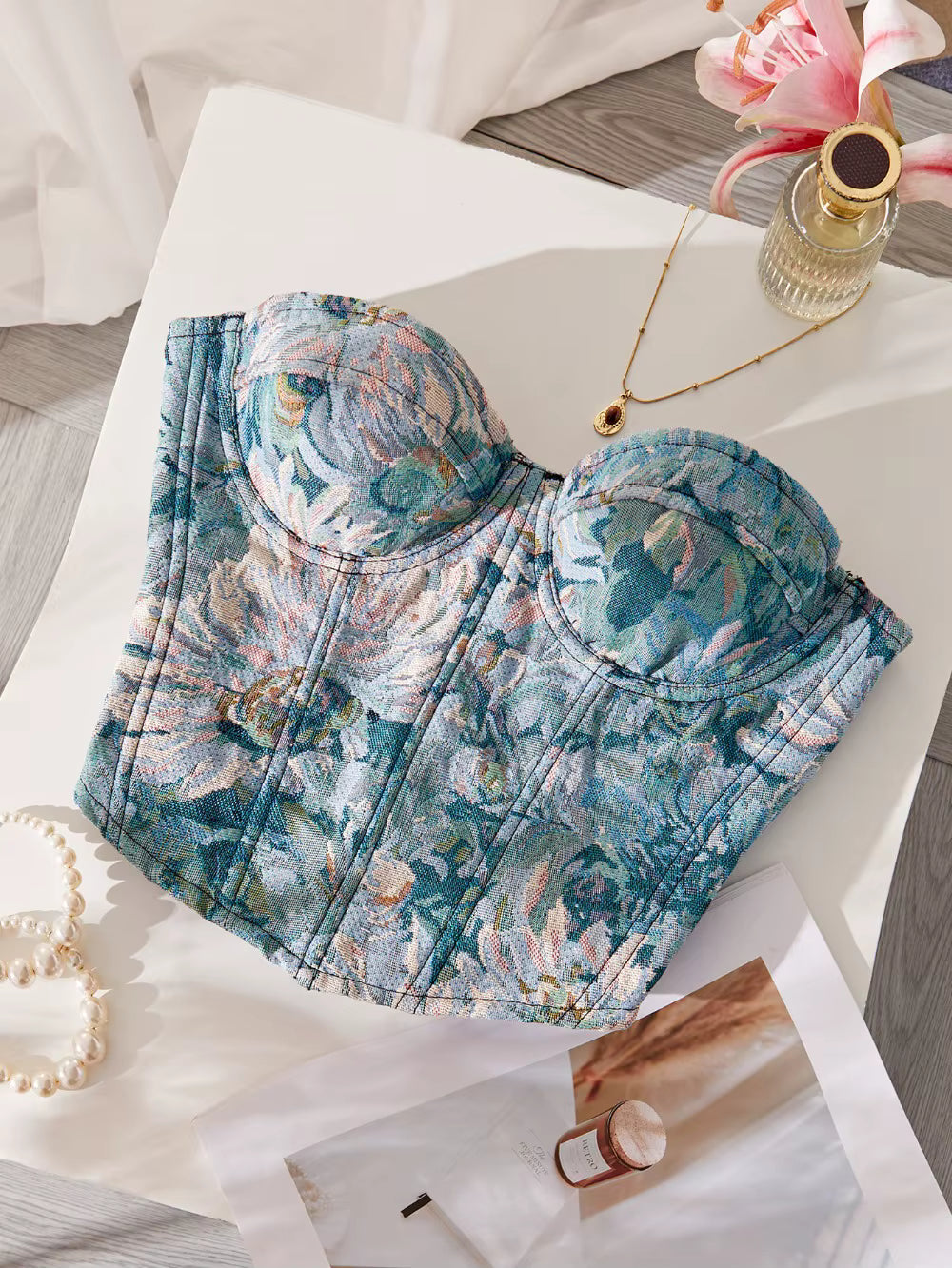 Floral Jacquard Bustier Top | Structured Sweetheart Corset Blouse
