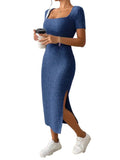 Summer Square Neck, Hip-Hugging Mid-Length Skirt, Short-Sleeved, Versatile Knitted Slit Dress JuChachaShop