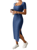 Summer Square Neck, Hip-Hugging Mid-Length Skirt, Short-Sleeved, Versatile Knitted Slit Dress JuChachaShop