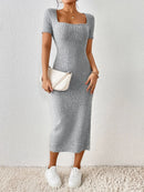 Summer Square Neck, Hip-Hugging Mid-Length Skirt, Short-Sleeved, Versatile Knitted Slit Dress JuChachaShop