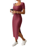 Summer Square Neck, Hip-Hugging Mid-Length Skirt, Short-Sleeved, Versatile Knitted Slit Dress JuChachaShop
