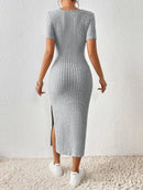 Summer Square Neck, Hip-Hugging Mid-Length Skirt, Short-Sleeved, Versatile Knitted Slit Dress JuChachaShop