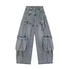Baggy Cargo Jeans | Washed Denim Ripped Wide-Leg Pants | Buckle Strap Pockets JuChachaShop